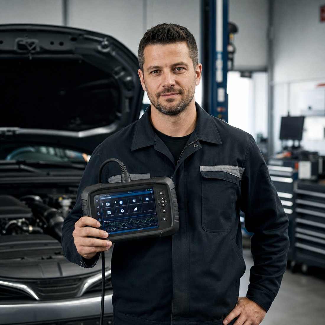 Mecanic cu tester de autodiagnoză în service-ul din Sângeorgiu de Pădure